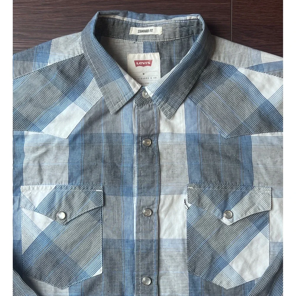 Levis Mens Western Shirt Blue White Plaid Pearl Snap Standard Fit M Long Slv